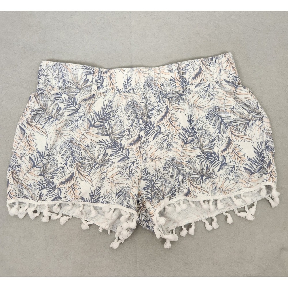 Rewash Shorts Women L White Blue Tropical Leaf Fringe Boho Lightweight Resort